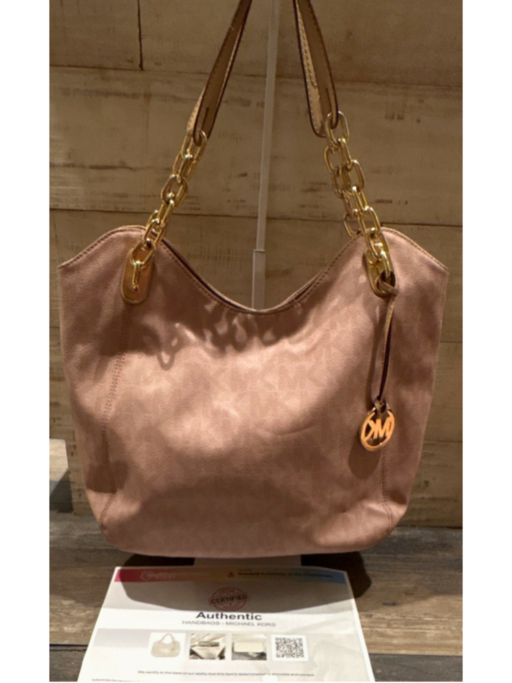 Michael Kors Pink Pebbled Shoulder Bag Gold Chain Zip Logo Charm Inner Pockets